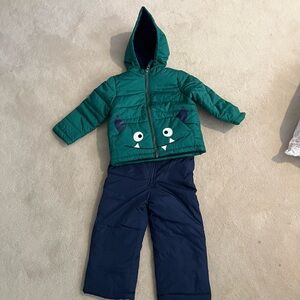 Carter's Green Monster Hooded Snow Jacket and Navy Snow Bib and Mittens